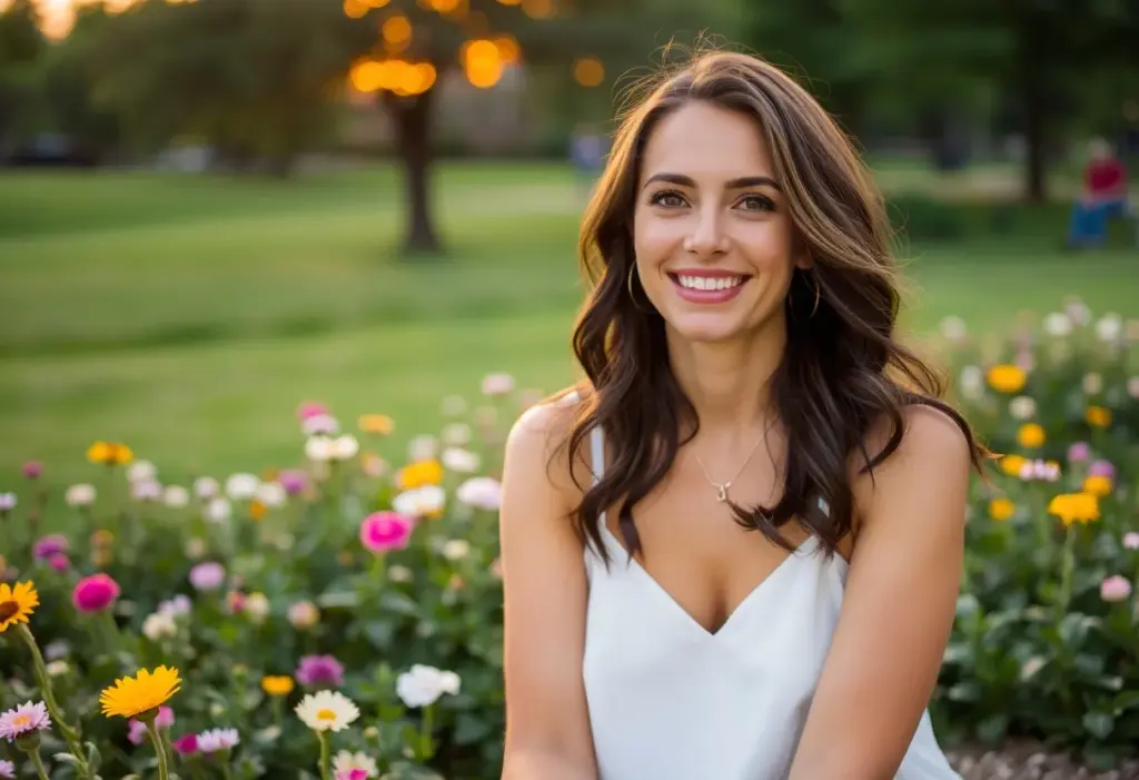 Calm, smiling woman sitting in a garden at sunset, representing nervous system balance and well-being.